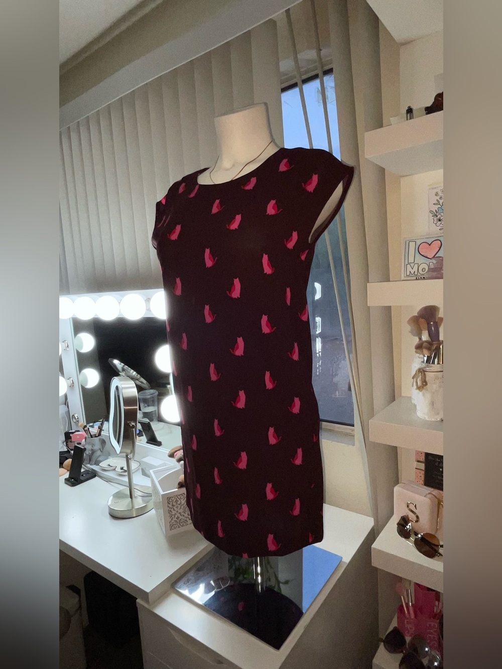 LOFT Black Mini Shift Dress with Pink Cat Motif